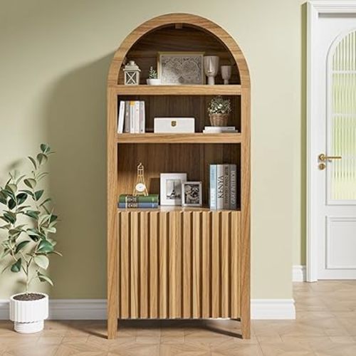 UEV 71" Tall Arched Cabinet Bookcase, 5-Tier Arched Bookself with Doors, Arched Bookcase Cabinet with Storage,Display Cabinet, Arched Wooden Storage Cabinet for Bedroom, Kitchen, Office(Oak)