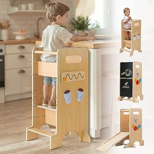FlyingBoom Toddler Tower 4-in-1 Multifunctional Kitchen Stool Helper with Removable Safety Board, Adjustable Heights, Slide, Highchair, Chalkboard, Montessori Games