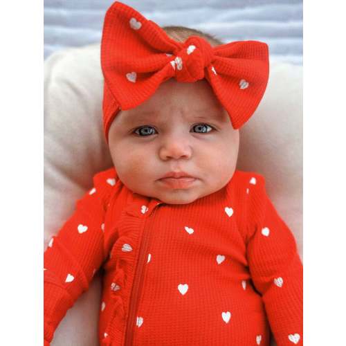 Organic Waffle Knot Bow, Little White Heart (on Red)