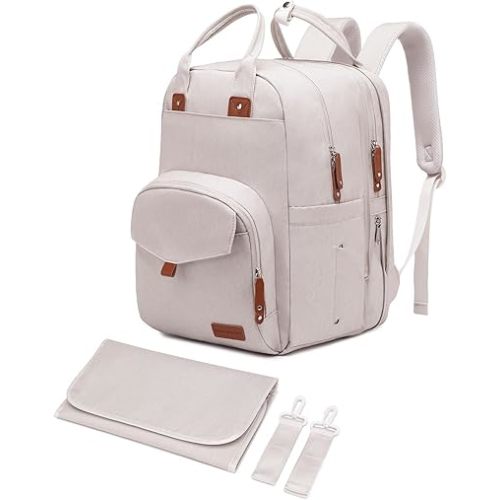 Extra Large Diaper Bag Backpack for Two Kids Twins - Expandable Baby Bag (26-36L), Dual Big Compartments - Includes Changing Pad & Stroller Straps, Unisex Beige