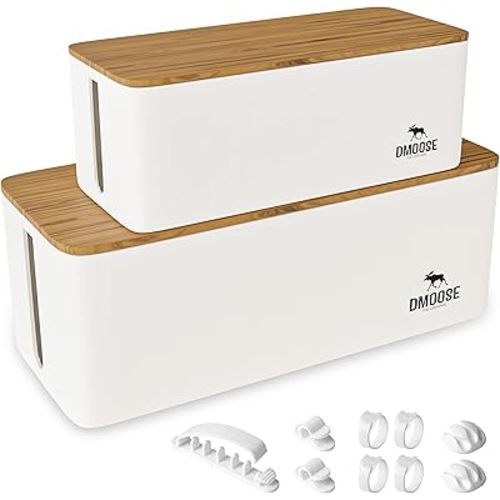DMoose Cable Management Box - 2 Pack Medium & Large Cord Organizer for Desk & Floor, Cable Organizer Box for Child & Pet - Cable Box Hider for Tidy Office & Home (Wood Print Lid, White Box, Pack of 2)