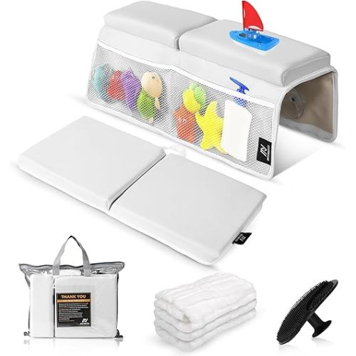 Baby Bath Kneeler & Elbow Rest Set – Extra Thick Foam Pads for Comfort | Non-Slip, Machine Washable with Mesh Pockets & Suction Cups | Bonus Baby Brush & Washcloth – Gift for New Parents