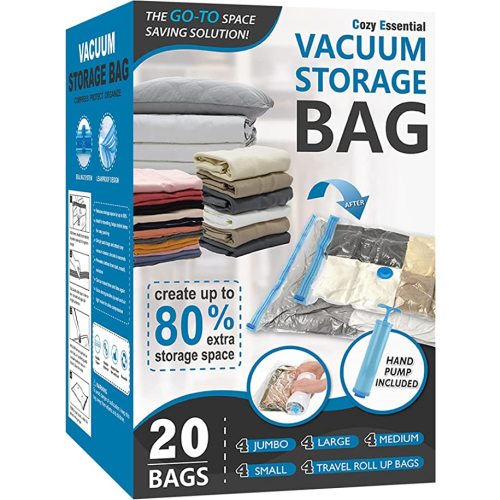 20 Pack Vacuum Storage Bags, Space Saver Bags (4 Jumbo/4 Large/4 Medium/4 Small/4 Roll) Compression for Comforters and Blankets, Sealer Clothes Storage, Hand Pump Included