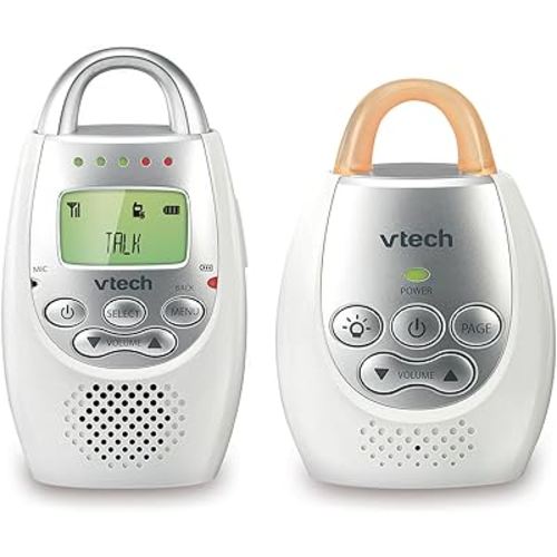 VTech DM221 Audio Baby Monitor with up to 1,000 ft of Range, Vibrating Sound-Alert, Talk Back Intercom & Night Light Loop, White/Silver
