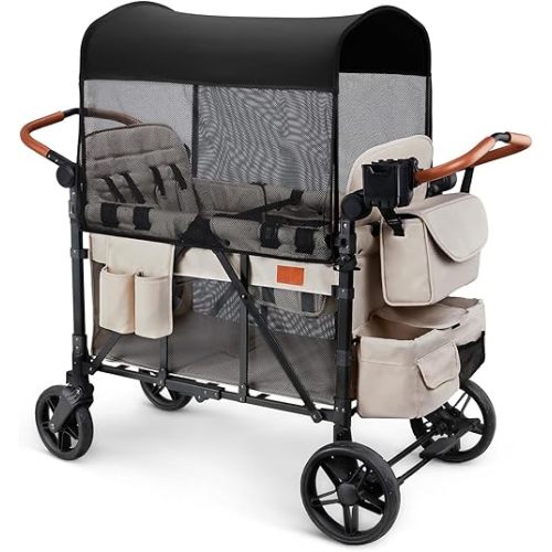 Wagon Stroller for 4 Kids, All-Terrain Wagon for Toddler with Canopy, Parent Organizer, Shoulder Bag, Adjustable Handlebar, Phone Holder, High Seat & 5 Point Harness, Ultimate Quad (Beige)