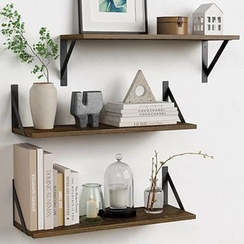 Floating Shelves 24 Inch Long for Wall Set of 3, Rustic Wood Floating Bookshelf for Bedroom, Large Wall Mounted Storage Shelves for Kitchen Bathroom Laundry Living Room TV Books (Dark Brown)