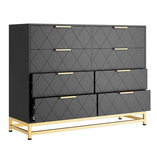Jojoka Dresser for Bedroom with 8 Drawer, TV Stand Dressers Chest of Drawers for Living Room Hallway Entryway, MDF Board (Black)
