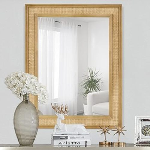 HOMECOOKIN Rattan Mirrors for Wall 32 X 44 inch Rectangle Wood Framed Mirror Rattan Wall Mirror for Bathroom Home Decor Living Room Entryway
