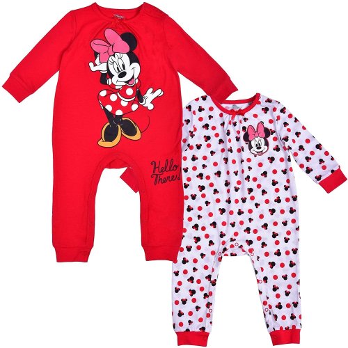Disney Girl's 2 Pack Minnie Mouse Footed Coverall Bodysuit creeper Set, Long Sleeve Bodysuit Red