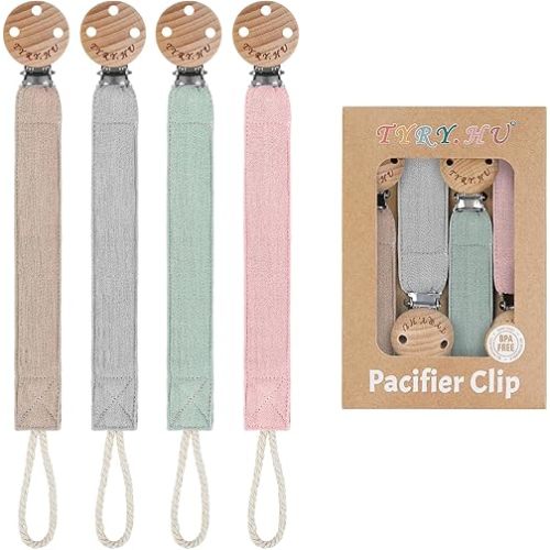 TYRY.HU Ribbon Pacifier Clip Holder,4 Pack Binky Paci Holder Clips, Pacifier Leash for Boys and Girls, Soft Webbing Strap Universal Fits for Most Pacifier, Styles & Teethers(Khaki,Grey,Green,Pink)
