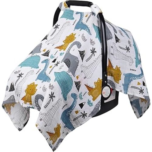 Rquite Car Seat Cover Baby, Carseat Covers Baby for Girl Boy, Muslin Cotton Infant Car Seat Cover, Lightweight Car Seat Canopy, Breathable Baby Carrier Cover, Summer Stroller Sun Shade, Dinosaurs