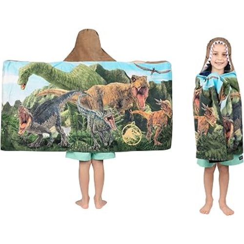 Jurassic World Dominion Soft Bath/Pool/Beach Cotton Terry Hooded Towel Wrap, 24 Inches x 50 Inches, By Franco Kids