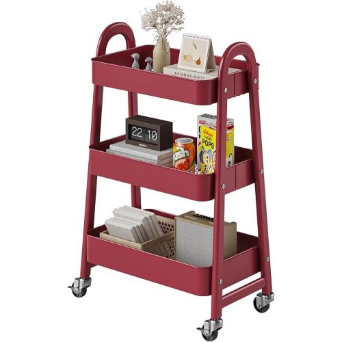 DUMOS 3 Tiers Metal Rolling Utility Cart with Lockable Wheels, Mobile Storage Organizer, Utility Shelving Unit for Kitchen, Office, Bathroom, Laundry, Narrow Places, Red