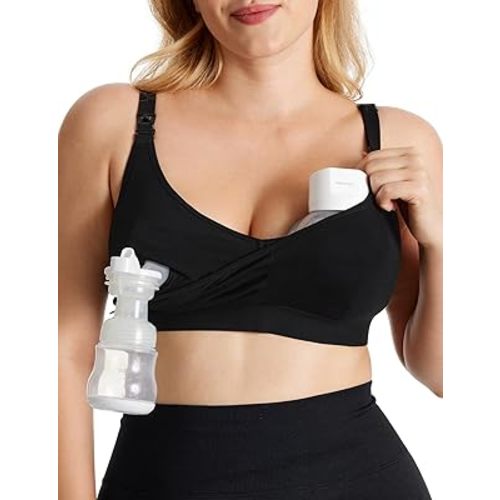 Momcozy V Neck Pumping Bra Hands Free, Comfort All-Day Wear Hands Free Breast Pump Bra, Pumping & Nursing in One