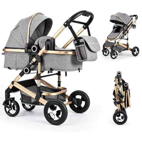 2 in 1 Foldable Stroller for Newborn w/Reversible Seat, Golden