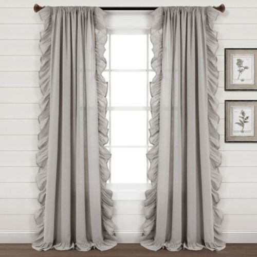 95"x54" Linen Ruffle Window Curtain Panel Light Gray - Lush Décor: Solid Cotton, Light Filtering, Rod Pocket
