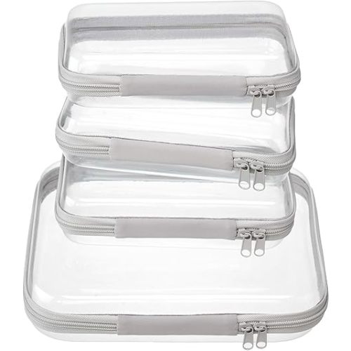 4 pcs Clear Zipper Pouches,Hard Shell Zipper Case, Toiletry Bag for Travel, CLear Diaper Bag, Toiletry Pouch, Travel Organizer, Cosmetic Bag,Toy Storage Bins (M+3S) (Gray)