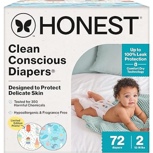 The Honest Company Clean Conscious Diapers for Sensitive Skin | Up to 100% Leakproof | Hypoallergenic, Fragrance Free | Summer '25 Limited Edition Prints | Club Box, Size 2 (12-18 lbs), 72 Count