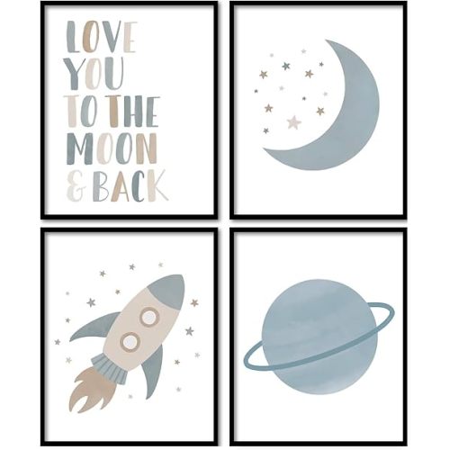 Foedor Boho Neutral Wall Art Prints Set of 4, Boho Nursery Decor Girl Boy, Love You to the Moon and Back Wall Decor Posters for Classroom Toddler Kids Room Playroom, 8x10 Unframed