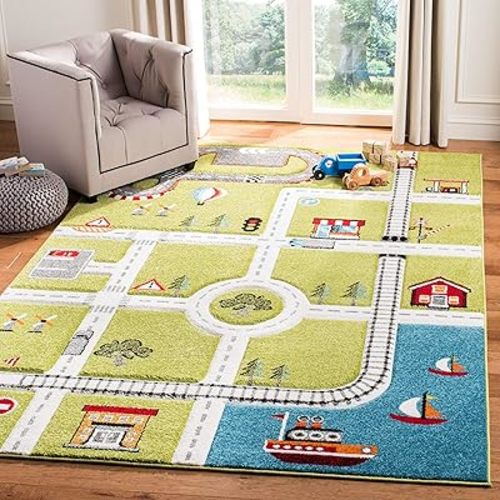 SAFAVIEH Carousel Kids Collection 4' Square Green / Ivory CRK192Y Neighborhood Nursery Playroom Area Rug