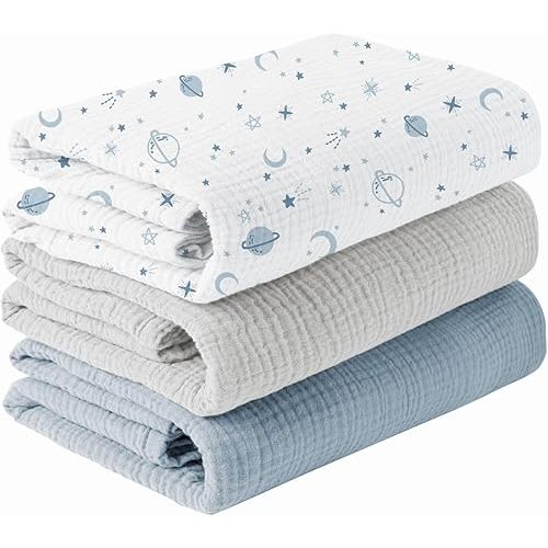 Konssy 3 Pack Muslin Swaddle Blankets for Unisex, Newborn Receiving Blanket, Large 47 x 47 inches, Soft Breathable Muslin Baby Swaddles for Boys & Girls