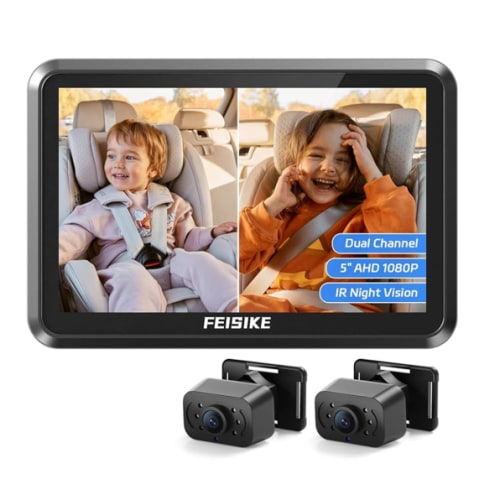 FEISIKE Baby Car Camera, 1080P Dual-Channel 5 inch Display Baby Car Mirror with 2 IR Night Vision Camera, Easily Install Car Camera for Baby with Crystal Clear Wide View for Rear Facing Seat