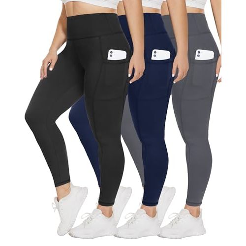 TNNZEET 3 Pack Plus Size Leggings with Pockets, Womens Black Maternity Yoga Pants