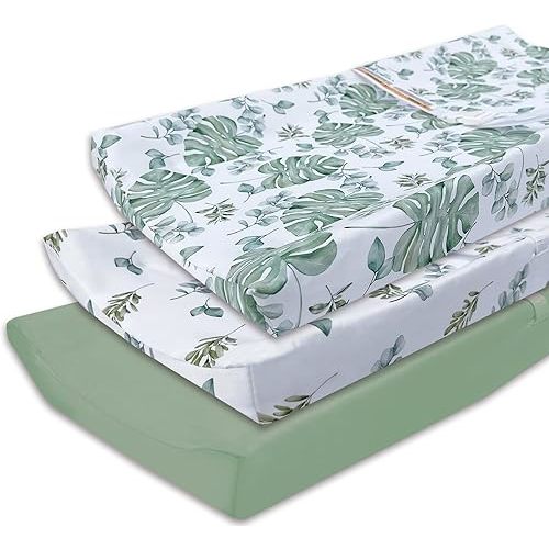 AMROSE 3 Pack Easy Care Changing Pad Covers, Ultra Soft Microfiber Diaper Change Table Sheets for Baby Boys and Girls, Leaf Collection