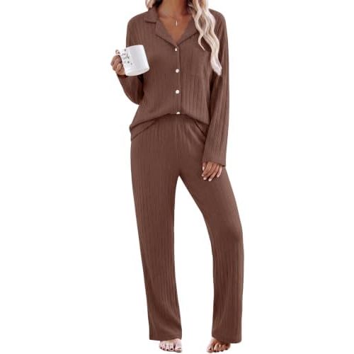Ekouaer 2 Piece Pajamas Sets for Women Long Sleeve Ribbed Knit Loungewear
