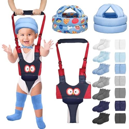 17 Pcs Baby Safety Helmet Set Baby Walking Harness with Anti Slip Knee Pads Crawling Toddler Socks 2 No Bumps Baby Head Protector 1 Adjustable Walking Assistant for 6-36 Months Infant