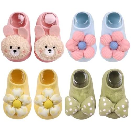 4 Pairs Baby Girl Socks,Flower Non Slip Socks for Newborn Preemie Infant Cute Princess Dress Ankle Sock