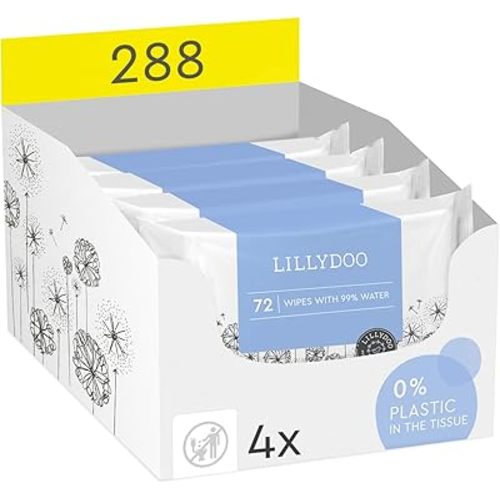 Hypoallergenic & strong Baby Wipes with 99% Water, Unscented & Plastic-Free, 4 resealable Packs (288 Wipes Total)