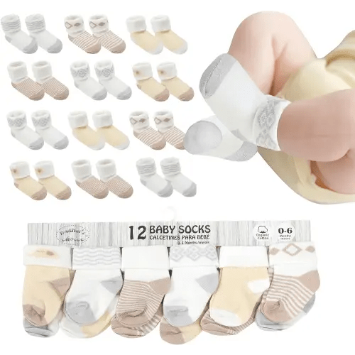 Baby Socks 0-6 Months, Organic Cotton Infant Socks, Unisex, Soft & Hypoallergenic Newborn Socks, 12 Pairs and 6 Pairs (US, Age, 0 Months, 6 Months, 12, Brown)