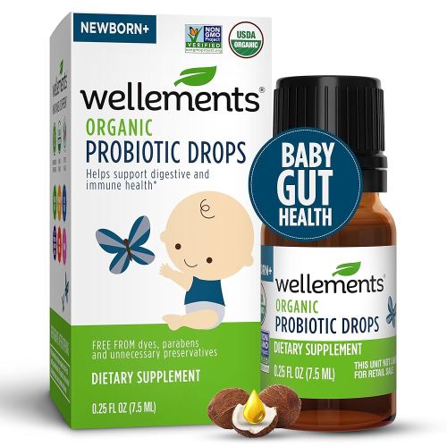 Wellements Organic Baby Probiotic Drops (0.25 Fl Oz) - Digestive & Immune Support for Infants - Toddler Probiotic Helps with Newborn+ Gut Health, Gas, Constipation & Colic Support - Preservative Free