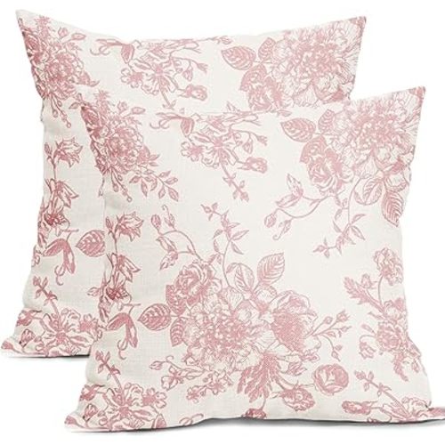 Kawani Pink and Cream Floral Pillow Covers 18x18 Inch Set of 2 Vintage Throw Chinoiserie Flower Pillowcases Farmhouse Cotton Linen Cushion for Couch Bed Sofa Chair Home Decor