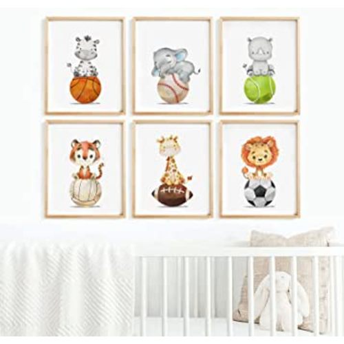 Baby Boy Wall Art Set of 6 Nursery Sports Prints Decor Nursery Animal Wall Art Boys Nursery Canvas Wall Art Jungle Safari Wall Art Boy Room Bedroom Art Woodland Animal Pictures 8x10 Inch UNFRAMED