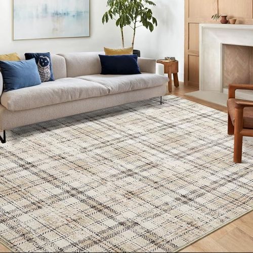 Washable Area Rugs 8x10 Rug for Living Room Modern Plaid Rug Beige Rug Non Slip Large Area Rug for Bedroom Soft Rug Non Shedding Stain Resistant Carpet for Nursery Office Beige 8'x10'