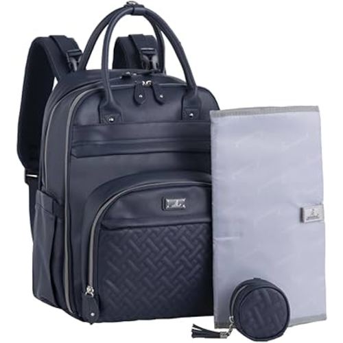 BabbleRoo Leather Diaper Bag Backpack - Baby Essentials Travel Baby Bag, Multi function, with Changing Pad, Stroller Straps & Pacifier Case – Unisex, Midnight Blue