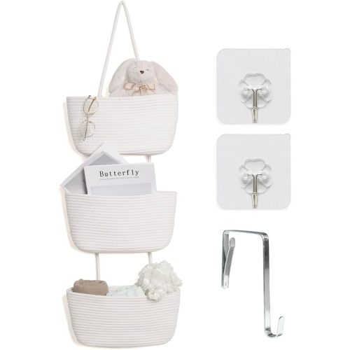 ANTIS'S HOME Over The Door Organizer Hanging Basket, 3-Tier Woven Cotton Wall-Mounted Nursery Storage Organizer Bag Boho Decorative Hanging Nursery Baskets for Living Room Bedroom - White