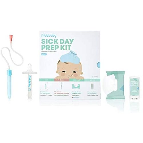 Baby Sick Day Prep Kit by FridaBaby - Includes NoseFrida Nasal Aspirator, MediFrida Pacifier Medicine Dispenser, Breathefrida Vapor Chest Rub + Snot Wipes. Soothe Stuffy Noses for Babies with A Cold