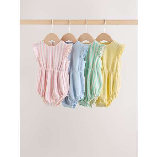 Multi Pastel Stripe Frill Shoulder Baby Rompers 4 Pack Size: 0-3mo