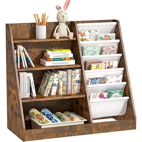 Kids Bookshelf for Bedroom Toddler Children Baby Bookcase 4-Tier for Nursery Book Toy Storage Organizer 5 Sling Book Display Shelf Book Rack Wood Classroom Playroom Rustic Brown