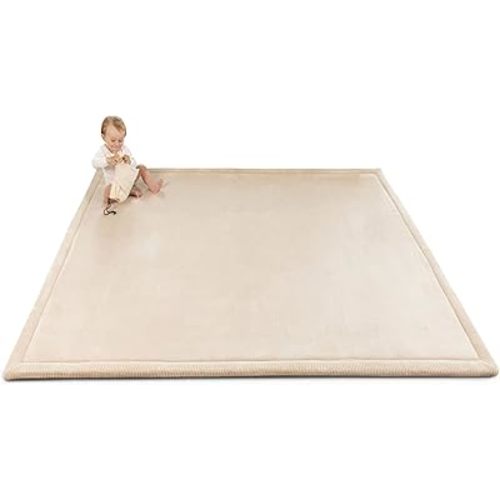 Stylish Coral Velvet Baby Play Mat 60" x 80" Beige – Soft 1" Thick High-Density Memory Foam Nursery Rug – Playmat for Floor with Non-Slip Backing for Crawling & Playing – Non-Toxic, odorless Area Rug