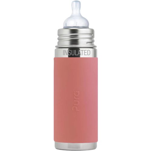 Pura Kiki 7oz/200ml Stainless Steel Insulated Anti-Colic Infant Bottle w/Silicone Medium-Flow Nipple & Sleeve, 100% Plastic-Free, MadeSafe Certified, for Kids, Toddlers, Babies & Infant - Rose