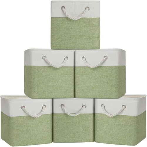 BOFUGA Cube Storage Bins, Collapsible Fabric Storage Cubes Bins, 11 Inch Cube Storage Bins with Handles, Foldable Storage Cubes (White/Green, 6Pack)