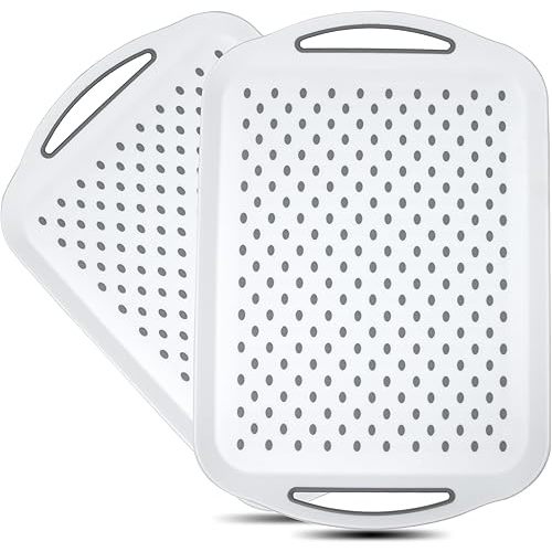 Large Nonslip Serving Tray with Handles, Silicone Grippy Dots Lap Food Trays for Eating, Dishwasher Safe Serve for Breakfast Dinner Snack Fruit Appetizers Beverage, Rectangular, Set of 2, White