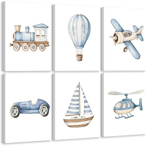 Baby Boy Nursery Wall Art Transportation Blue Car Canvas Prints Vintage Toddler Vehicle Pictures Decor Hot Air Balloon Airplane Nursery Poster for Kids Boys Room Bedroom 8x10x6 Inch Wrapped Canvas