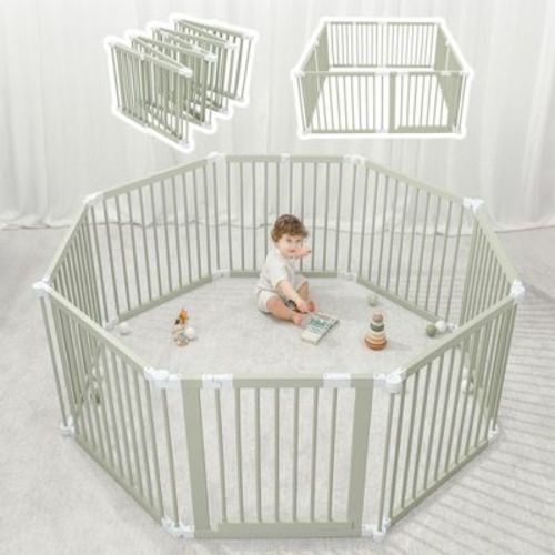 Baby Playpen & Baby Gate for Toddler and Babies, Foldable Wooden Large Shape Playpen with Locking Gate by Comfy Cubs - Sage