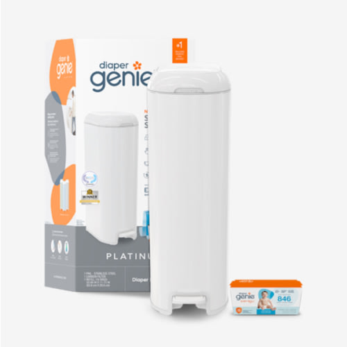 Diaper Genie Platinum Pail (Lilly White) is Made of Durable Stainless Steel and Includes 1 Easy Roll Refill with 18 Bags That can Last up to 5 Months.