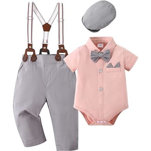 YALLET Baby Boy Clothes Set Infant Tuxedo Long Sleeve Gentleman Suit Outfits + Beret Hat + Suspender Pants + Bowtie 0-18M